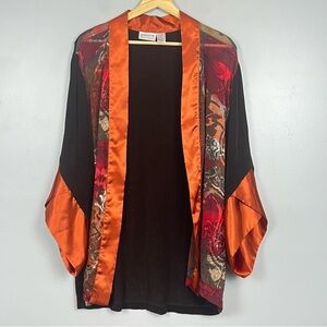 Chico’s Travelers brown & orange slinky knit & sheer floral kimono, medium.
